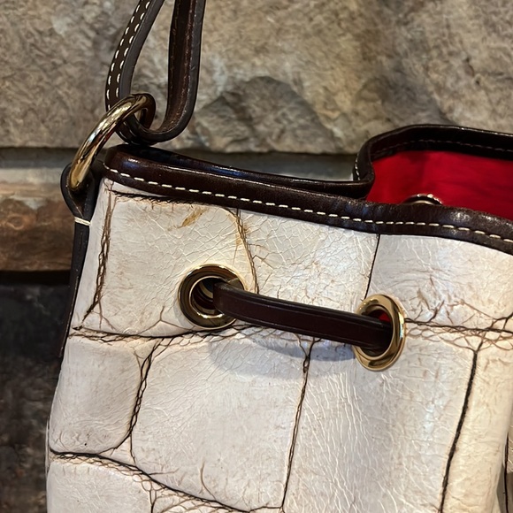 Dooney & Bourke Denison Tasha Drawstring Croc Embossed Cream Leather Bucket Bag - Picture 4 of 14